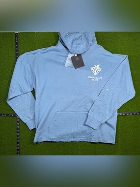Verselli Empire State Of Ice Raw Hemmed Baby Blue Rhinestone Hoodie- Size XL